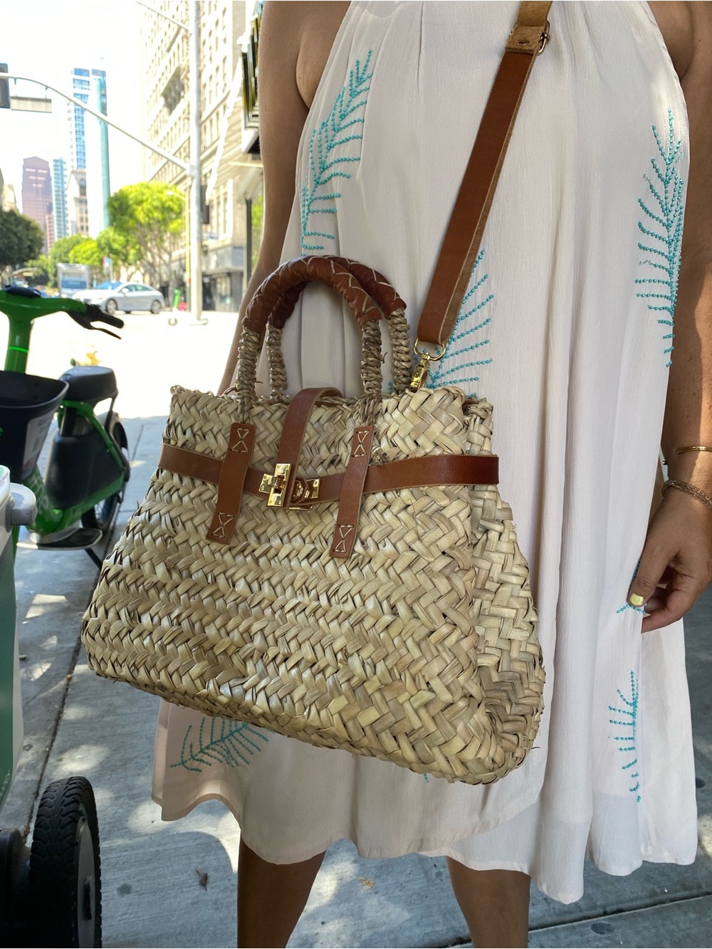 Woven Straw Tote with Brown Leather Trim and Gold LockCamucha Basket